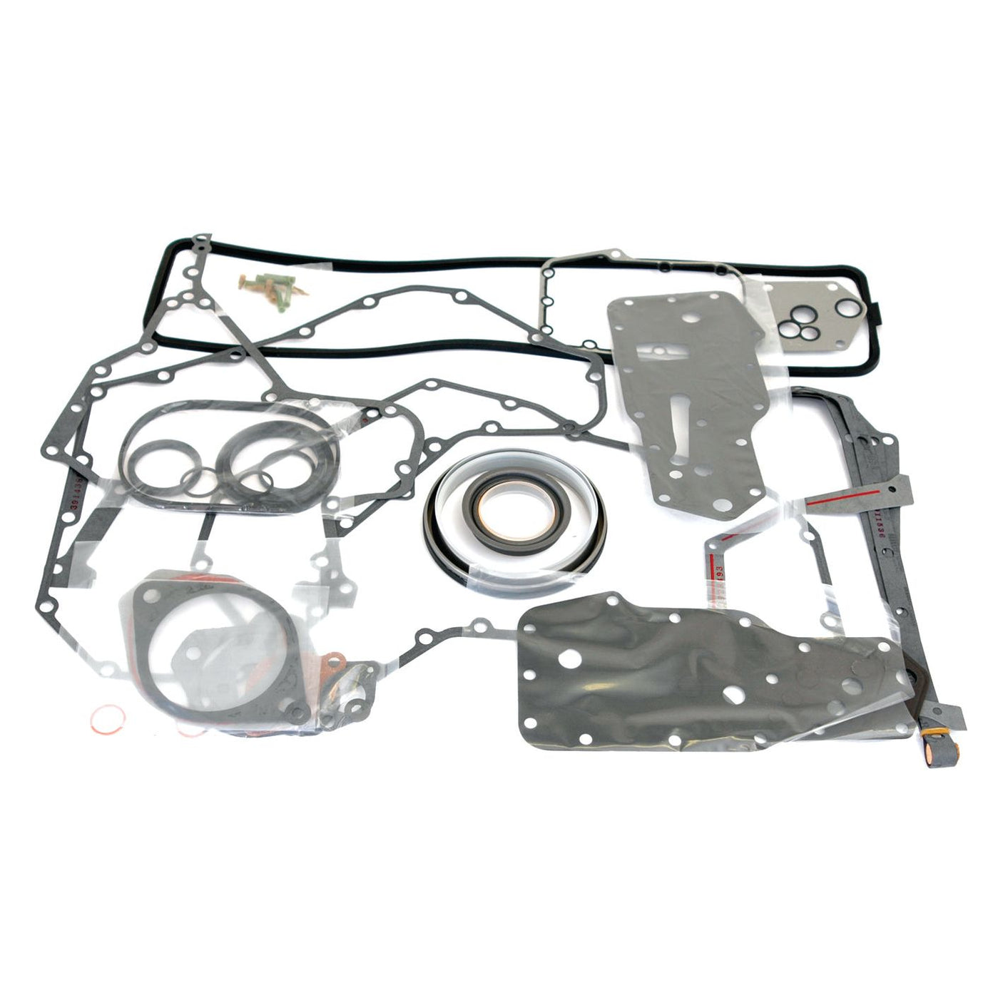 A comprehensive Bottom Gasket Set for 6-cylinder engines (6590, 6T.590) by Sparex (Part No. S.59508), displayed on a white background, featuring an array of components such as rubber gaskets, metal seals, O-rings, and other essential International Harvester engine parts.