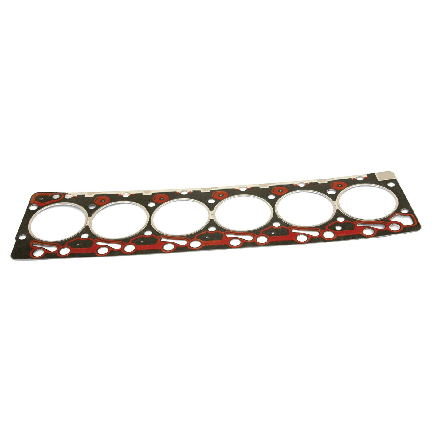 Image of the Sparex Head Gasket - 6 Cyl. (4BT, 4BL4) | Sparex Part No.S.59509, featuring a multi-layer steel (MLS) design with six cylinder cutouts, compatible with Cummins engine models and used in automotive engines to seal the cylinder head to the engine block.