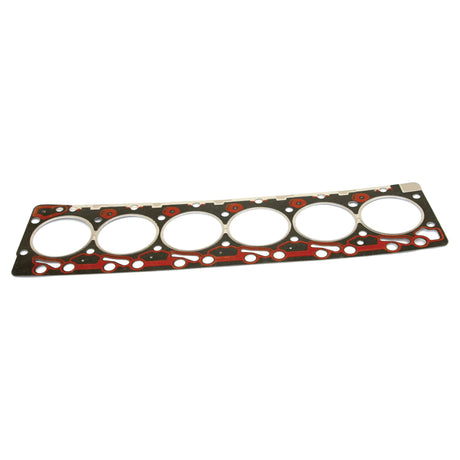 Image of the Sparex Head Gasket - 6 Cyl. (4BT, 4BL4) | Sparex Part No.S.59509, featuring a multi-layer steel (MLS) design with six cylinder cutouts, compatible with Cummins engine models and used in automotive engines to seal the cylinder head to the engine block.