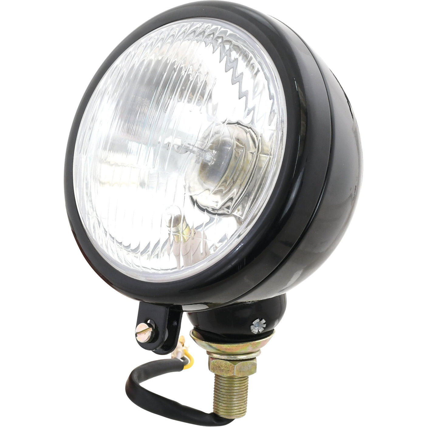 The Sparex Head Light (Halogen) RH & LH, RH Dip, 12V - S.5952 is a round, black vehicle headlight featuring a clear lens and a durable metal mounting bracket. It is equipped with an insulated terminal for added safety and utilizes a halogen light for superior brightness. Additionally, the bottom section includes an attached wire with screws for secure installation.