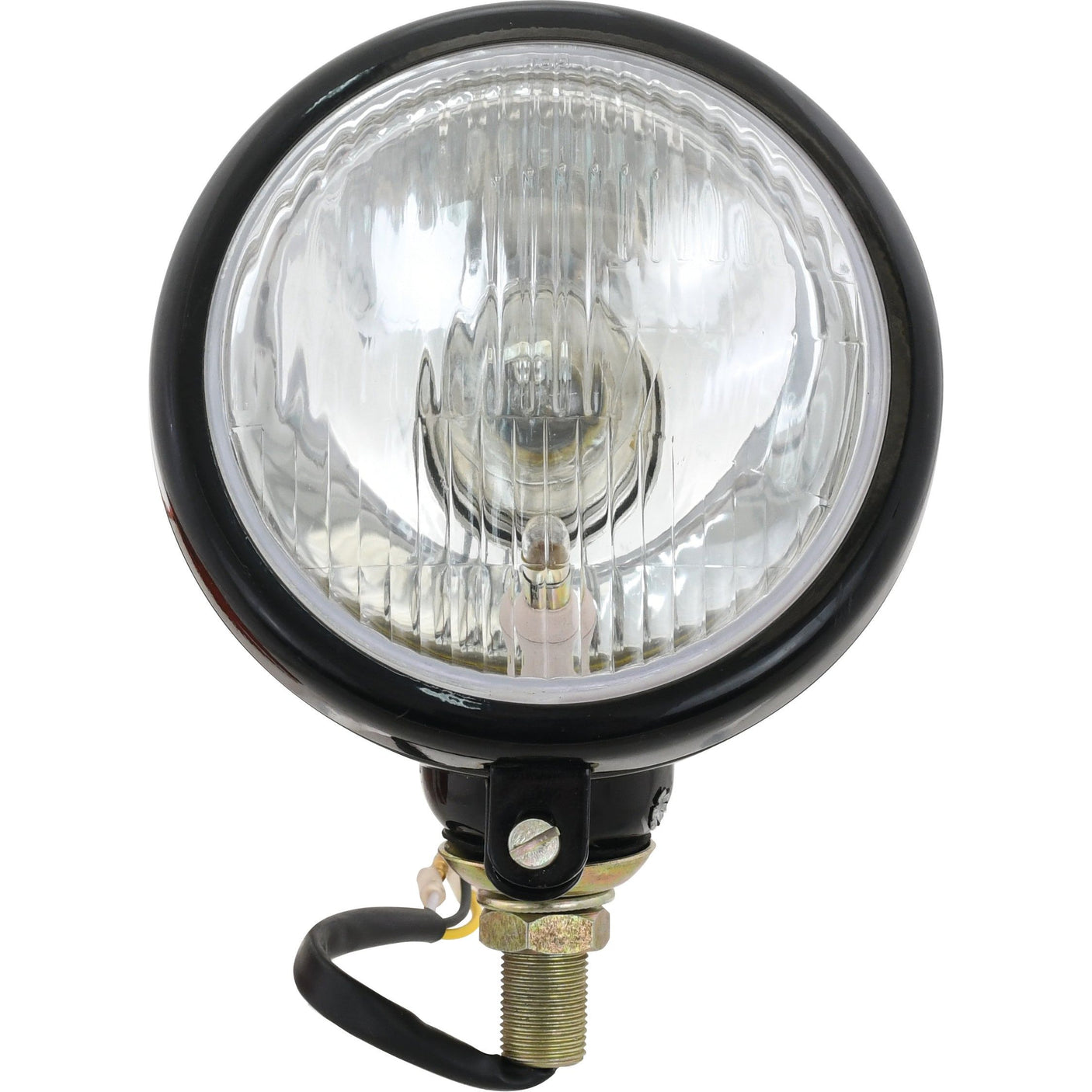 A front view of the Sparex Head Light (Halogen), RH & LH, RH Dip, 12V - S.5952 reveals a round, clear glass headlight with a black housing and a mounting bolt at the base. This Halogen Light delivers powerful illumination and reliability.