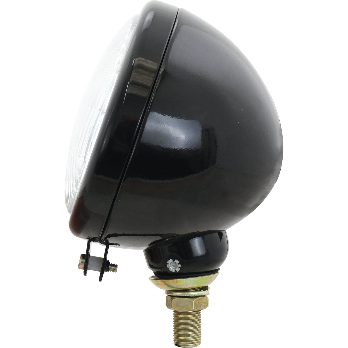 A black, dome-shaped, side-mounted automotive headlight with a clear lens and a brass bolt for securing, featuring the durable construction of Sparex's Head Light (Halogen), RH & LH, RH Dip, 12V - S.5952.