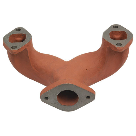 The Sparex Exhaust Manifold (4 Cyl.) - S.59540 is a red, Y-shaped metal manifold with three openings and precise exhaust elbow bolt hole size, meticulously designed for distributing engine exhaust gases.