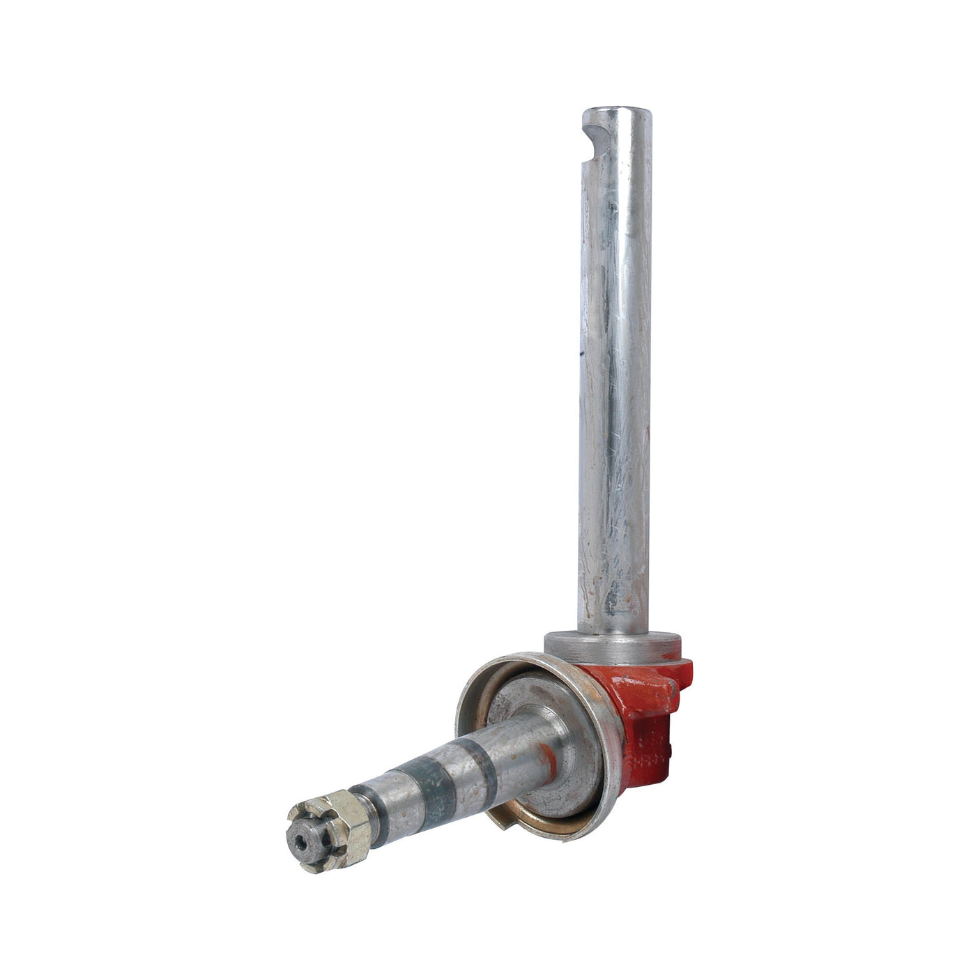 The Spindle LH (Sparex Part No. S.59541) by Sparex is a metal mechanical component with a cylindrical body and red section, featuring several ridges and a hexagonal nut at the bottom, ideal for use as a fitting on Case IH machinery.