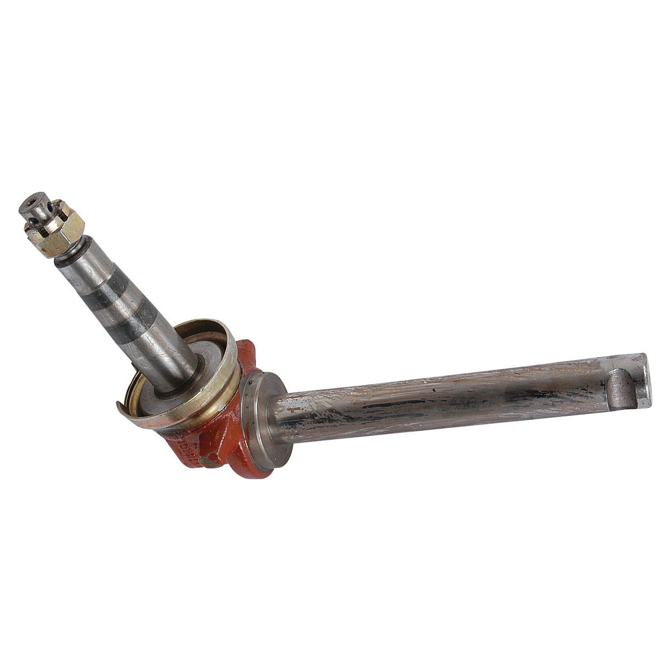 Introducing the Sparex Spindle RH (Part No. S.59542), an industrial metal spindle featuring a cylindrical shaft with a threaded bolt on one end and a red housing segment with fittings near the center, reminiscent of components used in Ford New Holland machinery.