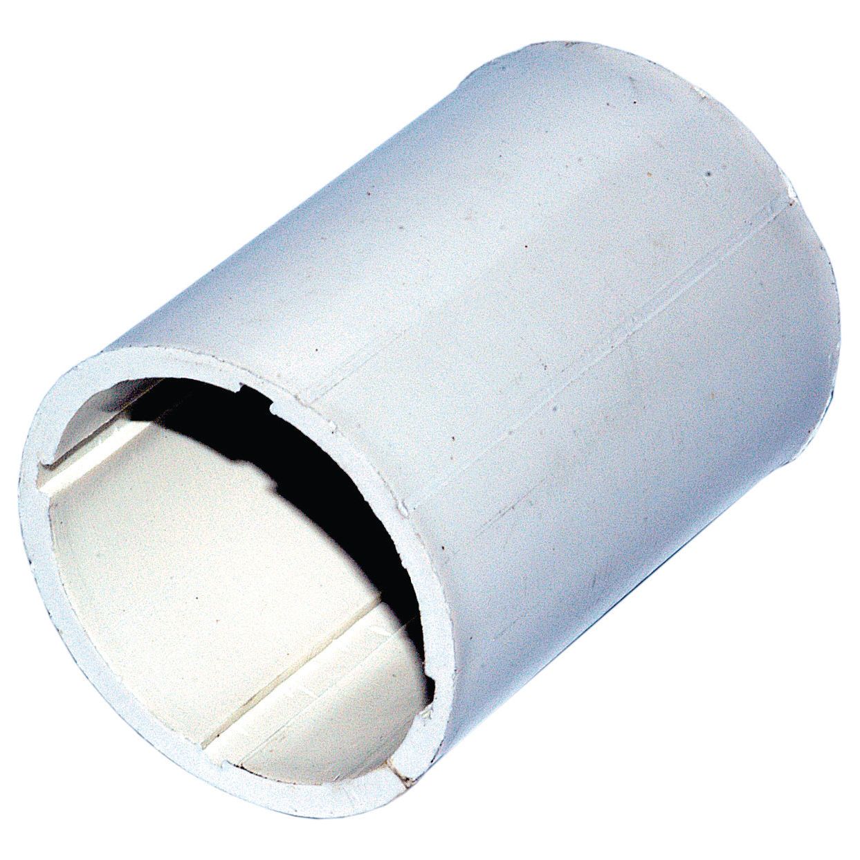 A white cylindrical PVC pipe coupling fitting, typically used in plumbing to connect two sections of pipe, offers similar precision to the Spindle Bush (Sparex Part No. S.59572) made by Sparex for Case IH machinery.