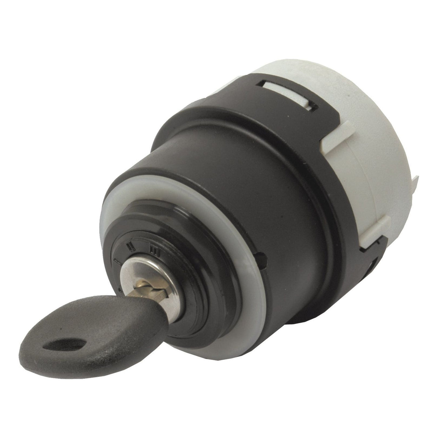 A close-up image of an Ignition Switch | Sparex Part No. S.59585 with a key inserted. The switch, from a Sparex model, is primarily black with some silver and white components.