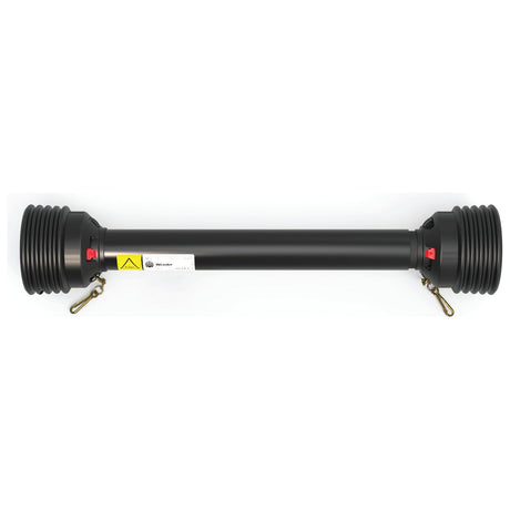 A medium-sized black metal shaft with two ribbed cylindrical ends, featuring warning labels and small hooks on each end, incorporates the reliable Sparex PTO Guard - Easylock (Lz Length: 710mm) for enhanced safety, Sparex Part No. S.59604.