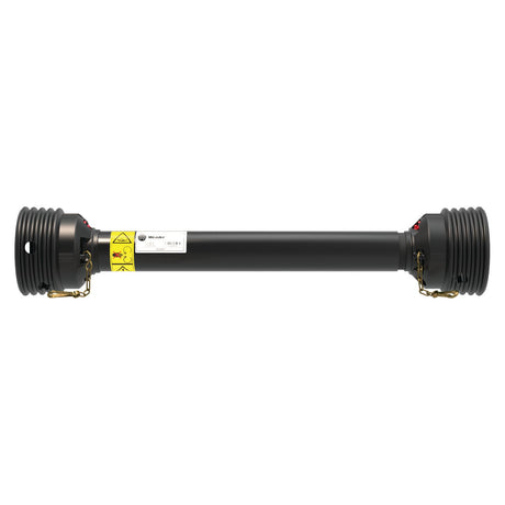 A black drive shaft branded by Sparex, featuring warning labels and Easylock mechanisms on both ends, displayed against a plain background. The product called PTO Guard - Easylock has a length of 710mm and is sized medium. (Sparex Part No.S.59604)