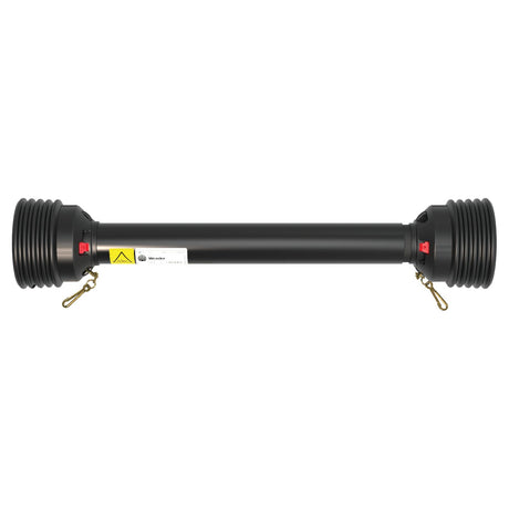 A black drive shaft with ribbed and capped ends, featuring yellow and white caution labels, includes the Sparex PTO Guard - Easylock (Lz) Length: 710mm, Size: Medium for safety.