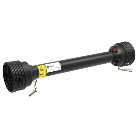 A black cylindrical device from Sparex, identified as the PTO Guard - Easylock (Sparex Part No. S.59604), measuring 710mm in length and medium in size, features various connectors and labels as well as brass chains attached to the ends for added security with its Easylock system.