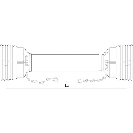 Product illustration showcasing the Sparex PTO Guard - Easylock, a cylindrical object with symmetrical end caps and chains attached. The center is labeled "Lz," signifying a length of 1510mm, categorized as size medium. Part number: S.59607.