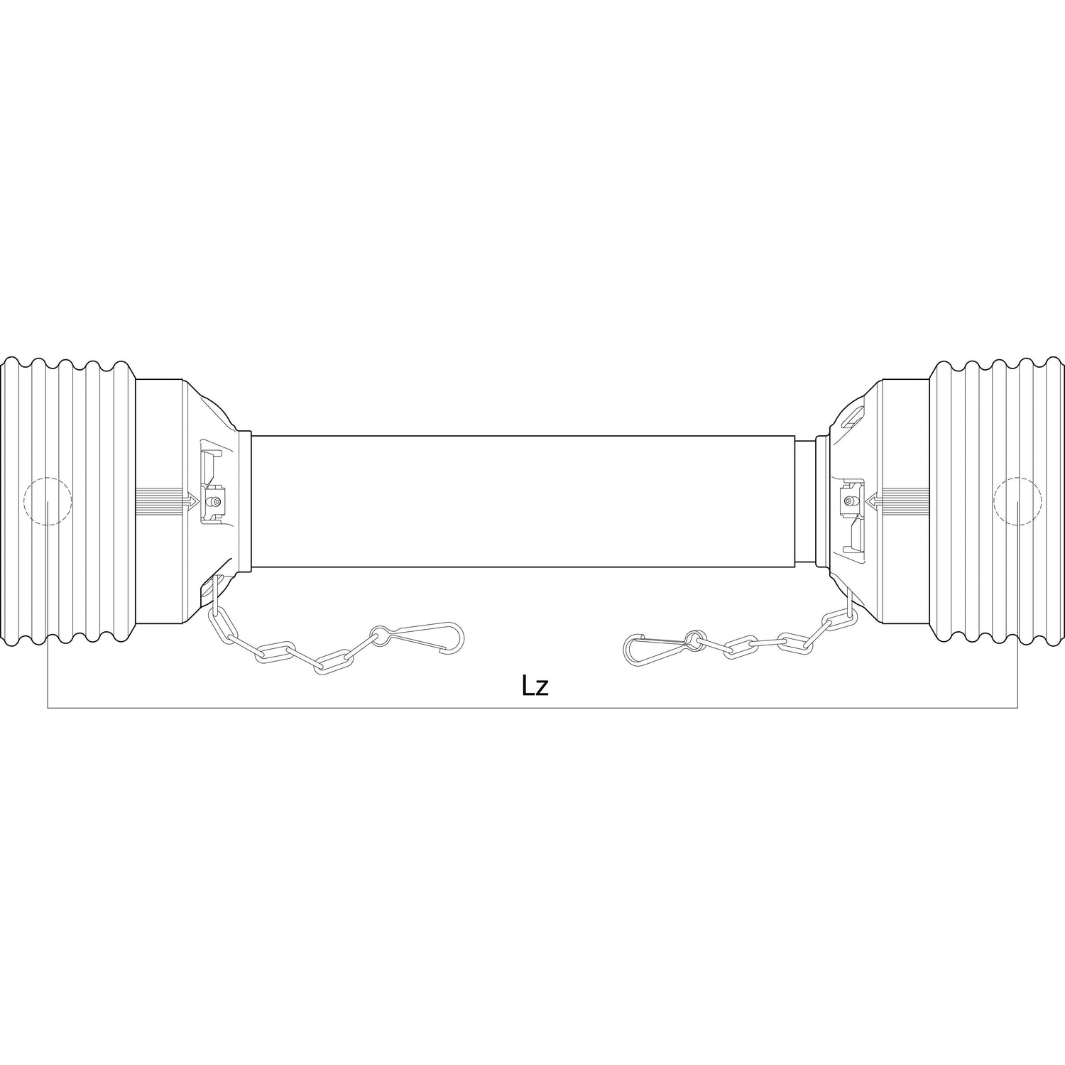 Here is a detailed diagram of the Sparex PTO Guard - Easylock, featuring two ribbed cylindrical ends connected by a central smooth cylinder. A chain is attached to both ends, with 'Lz' labeled below the central cylinder. This Extra Large unit, measuring 710mm in length, includes an Easylock mechanism for secure attachment and safety. (Sparex Part No. S.59620)