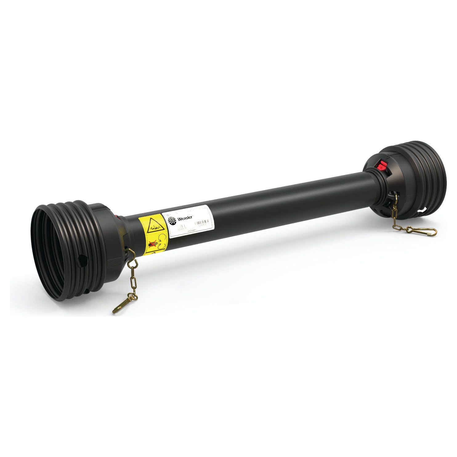 A black cylindrical mechanical component with threaded ends and locking chains attached to each end, featuring the Easylock system for seamless installation. Product details: PTO Guard - Easylock by Sparex, length 1510mm, size Extra Large (Sparex Part No. S.59623).