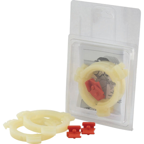 A package from Agripak containing JMCE DEALS EASYLOCK BEARINGS 2x50mm MED | Sparex Part No.S.59631, including two beige circular parts and two small red clips, is displayed in clear plastic and cardboard packaging.