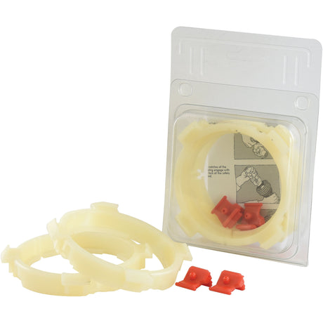 Plastic rings and small red clips are displayed next to a blister pack with illustrated instructions, showcasing Sparex's EASYLOCK BEARINGS 2X82MM X-L (Sparex Part No.S.59633).