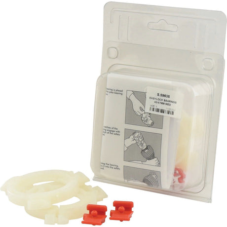 Packaging of Sparex EASYLOCK BEARINGS 40/47MM MED (Sparex Part No.S.59635) with two red clips and white plastic rings placed in front, showcasing the PTO EasyLock Guard Rings. Instruction illustrations are visible on the packaging.