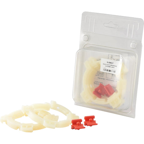 Image of a packaged set of components including beige circular plastic rings and red plastic clips, typically used for installation or assembly purposes with Sparex EASYLOCK BEARINGS 54/62MM LARG (Sparex Part No. S.59637).