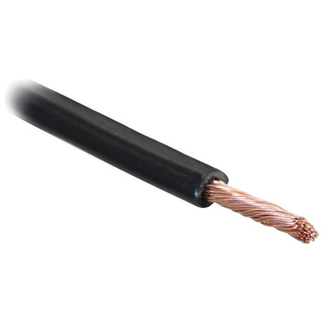 Close-up view of a single Sparex Electrical Cable - 1 Core, 1.5mm² Cable, Black (Sparex Part No. S.5966) with exposed copper strands.