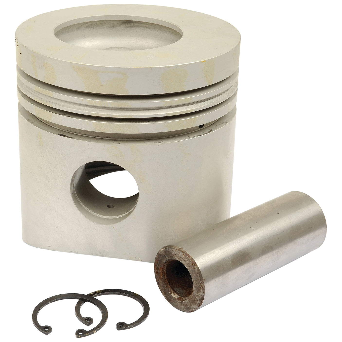 The Sparex Piston (Standard) - S.59679 is a metal piston assembly that includes a wrist pin and two retaining clips. This cylindrical piston features specific compression height, grooves, and a hole for the pin.