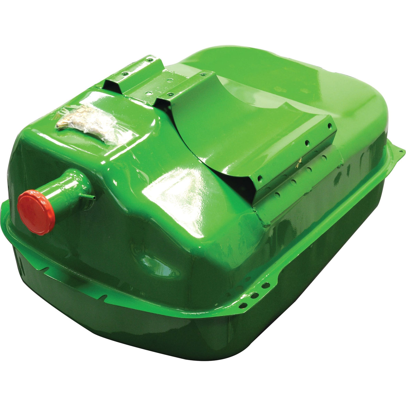 A Sparex Fuel Tank (Sparex Part No. S.59688) with a green, glossy painted metal surface, featuring a red cap on one end and an attached cover.