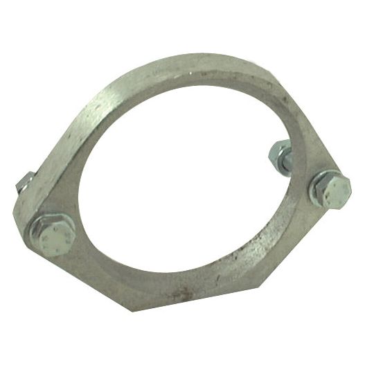 Sparex metal circular clamp, part number S.59702, with two bolts for securing or fastening objects, ideal for Vicon applications.