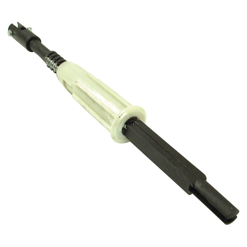 Image of a Sparex Regulator Bar (Sparex Part No. S.59703) with a black, elongated mechanism and a white, cylindrical grip in the center.