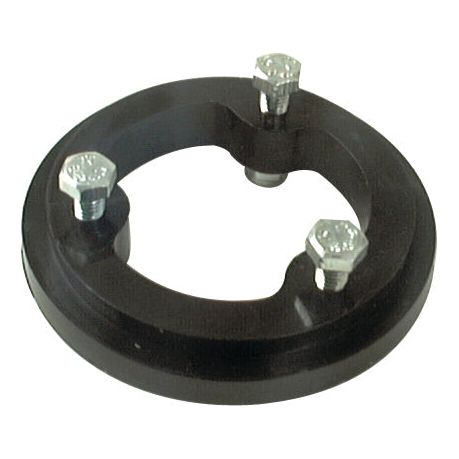 A black metal flange with three evenly spaced bolts partially inserted into threaded holes, featuring a circular opening in the center, compatible with Vicon. This is known as the Swivel Bush - Supplied with fasteners (Sparex Part No.S.59707) from the brand Sparex.