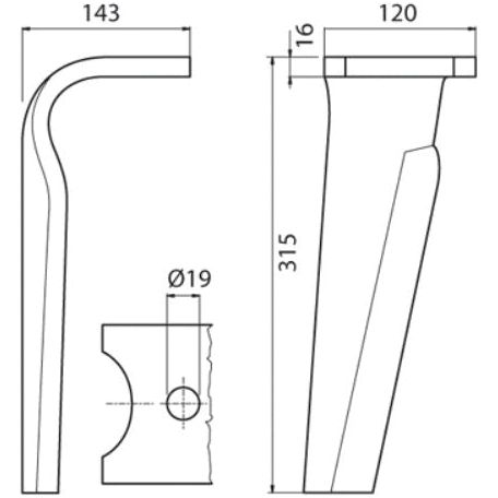 Power Harrow Blade 120x16x315mm RH. Hole centres: mm. Hole⌀ 19mm. Replacement forKuhn.
 - S.59711 - Farming Parts