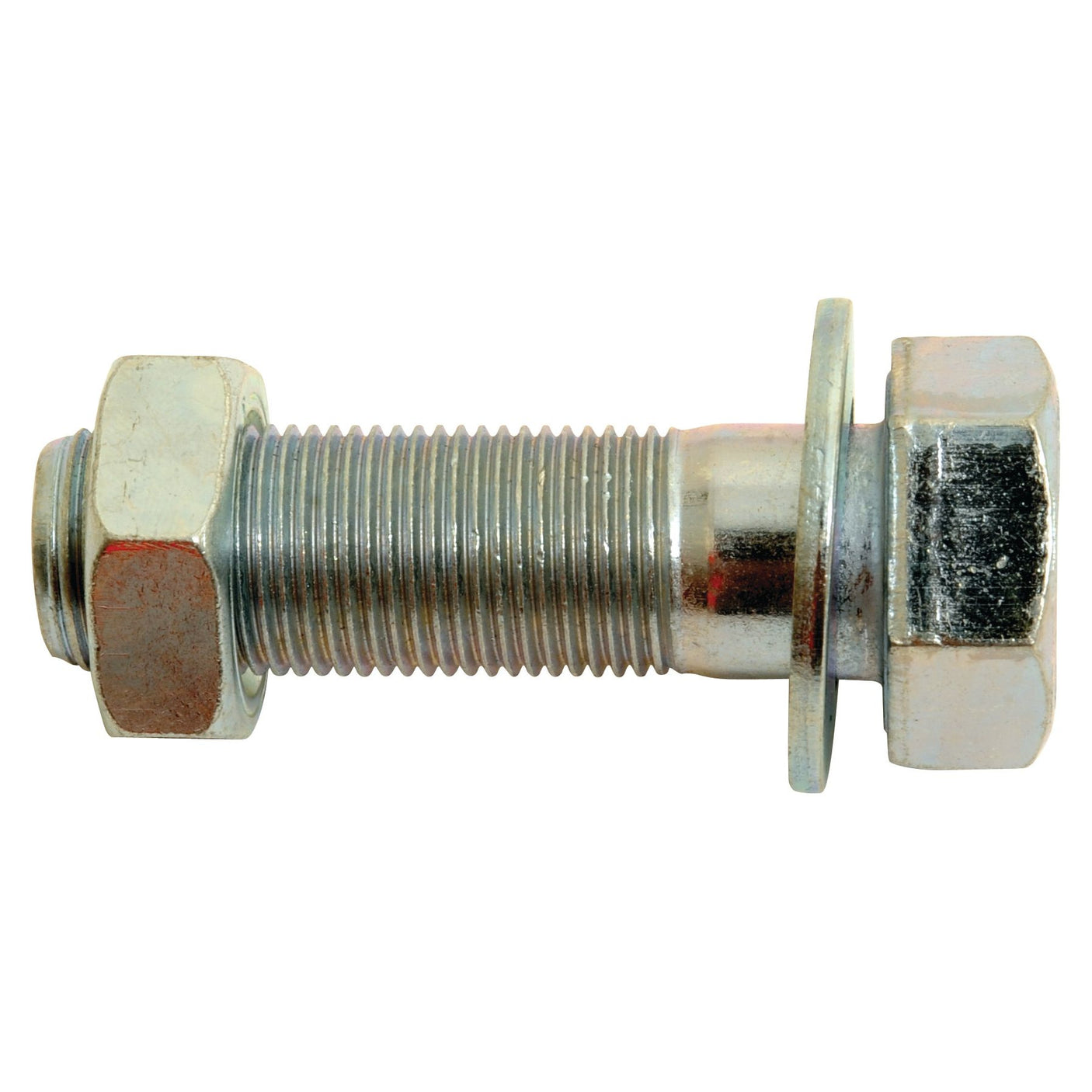 Close-up of a Sparex Shear Bolt - 3/4'' x 2 1/2'' UNF (DIN 931), Part No. S.59715, with a nut and a washer attached. The bolt, with a tensile strength of 8.8, has visible threading.