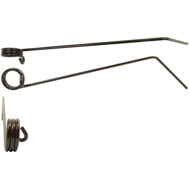 Two metal torsion springs with coiled ends and straight arms are displayed, one spring shown from a side view and the other from the top. These high-quality Grass & Weeder Tines by Sparex, measuring 420mm in length, 39mm in width, and 6mm in diameter, serve as dependable replacements for Opico parts (931126) with Sparex Part No.S.59716.