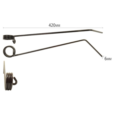 The Grass & Weeder Tine from Sparex includes two metal rods with coiled ends and right-angle bends. One rod measures 420mm in length, while the other has a diameter of 6mm. Both rods feature unique coiled structures at one end, making them perfect for versatile use in various applications.