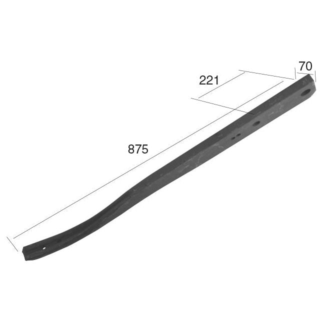 A Sparex Cultivator Leg (Product No. S.59721), featuring black metal construction, measures 875mm in length, 70mm in width, and has hole centers positioned 221mm from one end.