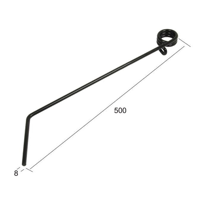 The Sparex Grass & Weeder Tine measuring 500mm in length and Ø8mm in width features a black metal hook with a coil on one end and a bent angle on the other, designed as an ideal replacement for Hatzenbichler grass/weed rakes.