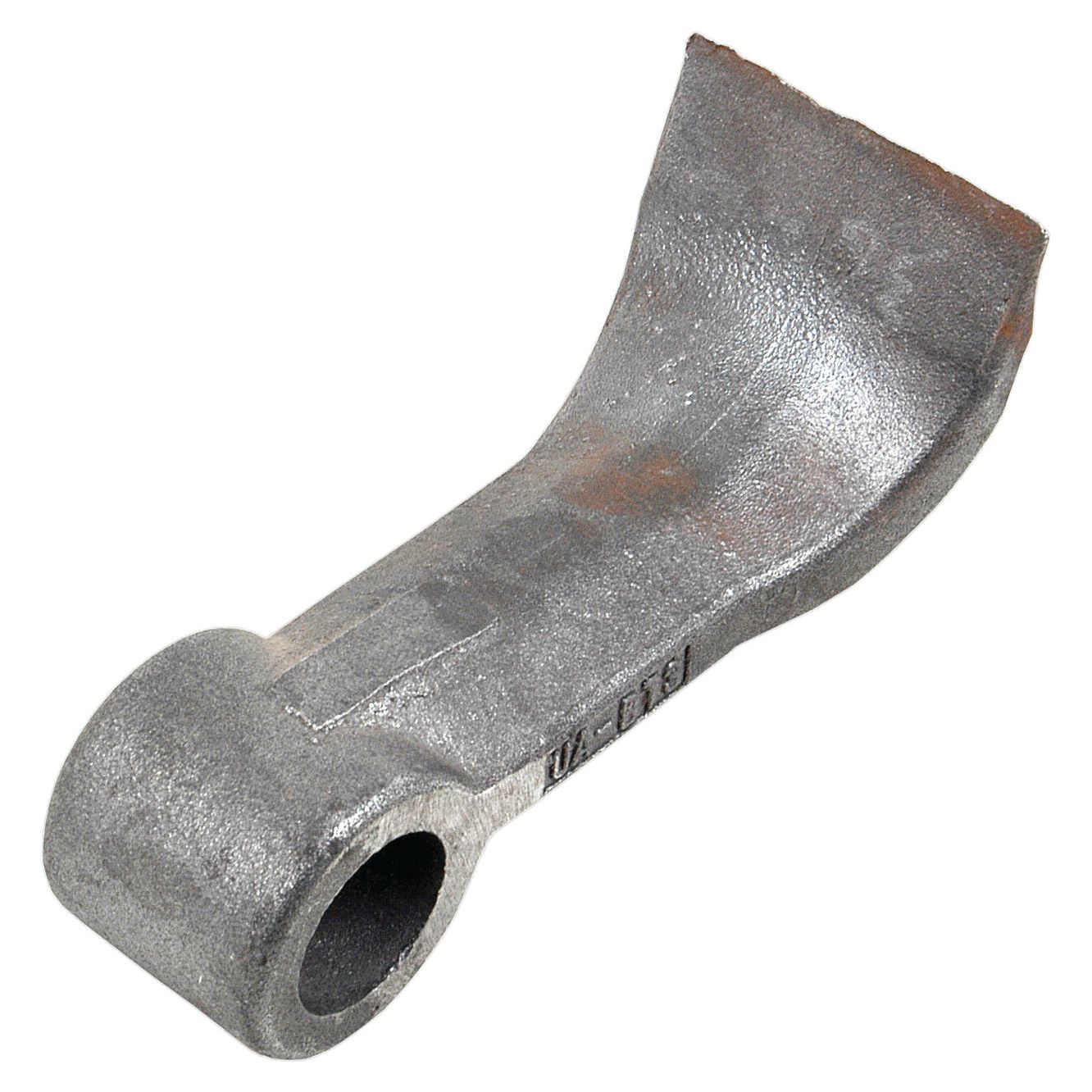 A close-up view of a Hammer Flail, featuring a metal curved tool blade with a top width of 37mm, bottom width of 60mm, and a hollow cylindrical base with a hole diameter of 26mm, complete with a flat, slightly rusted end—an ideal replacement for McConnel machinery (Part No. 7390276 - S.59740 from Sparex).