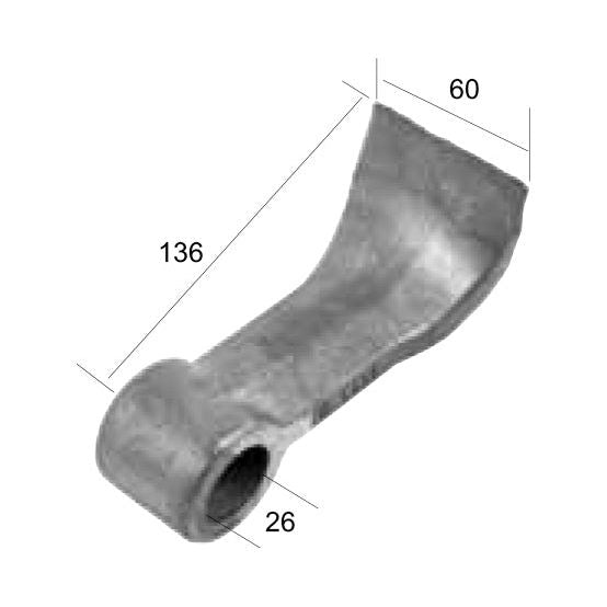 A metal part, labeled as a Hammer Flail from the Sparex brand, with dimensions: top width 37mm, bottom width 60mm, hole diameter 26mm, and radius 125mm, serves as a replacement for McConnel (To fit as: 7390276 - S.59740).