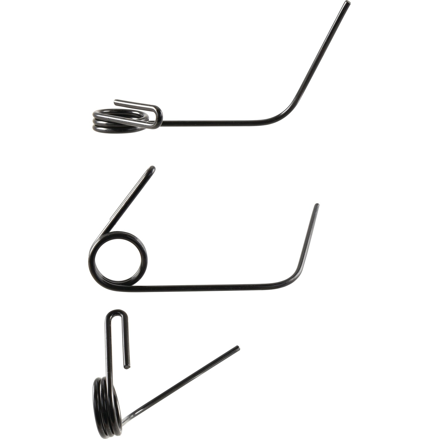 Three metal torsion springs, each with different coil and arm configurations, arranged vertically on a white background, resembling the precision of a Sparex Seeder Tine (Ø8mm, Length: 285mm) - S.59742.