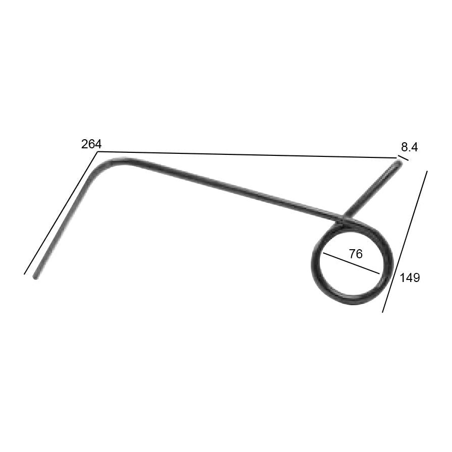 The Seeder Tine, a product of Sparex (Part No. S.59743), features a coiled section and detailed measurements: 264mm in length, 149mm in height, 76mm coil diameter, and 8.4mm thickness. Perfect for applications requiring precise specifications.