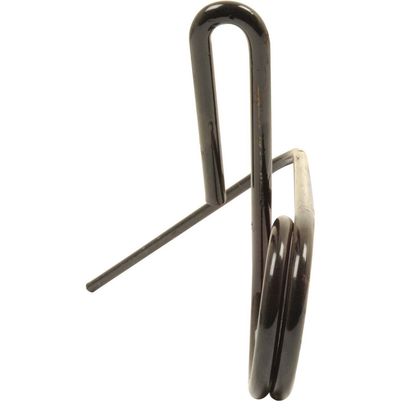 A black metal rod with two coils forming a spiral shape, attached to a straight rod extending vertically, reminiscent of the design standards by Grange & Walter, resembles the Seeder Tine (Ø8mm, Length: 264mm) from Sparex (Sparex Part No. S.59743), designed to fit as part number 53068600.