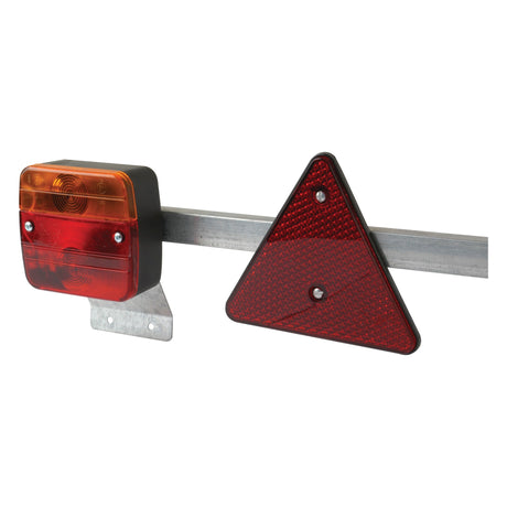 The Sparex Lighting Bar (Halogen) model S.5974 is a 1.6m vehicle rear light assembly featuring a 12V lighting system with rectangular amber and red lights on the left, combined with a red reflective triangular sign on the right. This unit supports four functions: brake, tail, indicator, and number plate lighting.