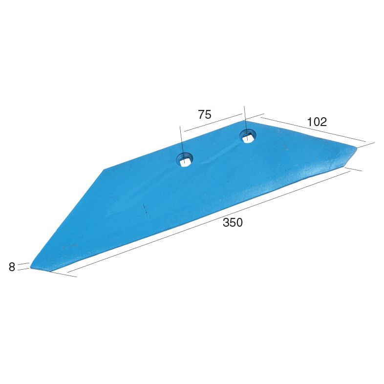 A Share wing 350x8mm RH from Sparex, featuring dimensions: 8 mm thickness, 75 mm between holes, Hole Ø 10.5 mm, Width 100 mm at the broad end, and an overall length of 350 mm. It fits model number 63425010 (Sparex Part No. S.59750).