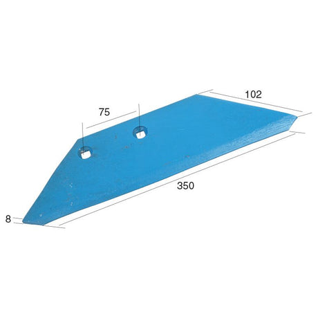 The Sparex Share wing 350x8mm LH, compatible with Rabewerk GG51 (part number S.59751), is a blue, triangular metal plate featuring detailed dimensions: 8mm thick, 75mm between holes, 350mm in length, and 102mm at its widest point.