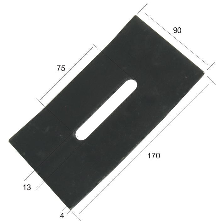 A Sparex rectangular black rubber gasket, named Scraper Plate 170x90x4mm (Sparex Part No. S.59752), featuring Kuhn's precise dimensions of 170x90mm and a central elongated hole measuring 13x75mm, with a thickness of 4mm.