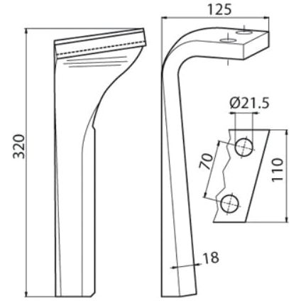 Power Harrow Blade 110x18x320mm RH. Hole centres: 70mm. Hole⌀ 21.5mm. Replacement forLemken.
 - S.59760 - Farming Parts