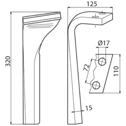 Power Harrow Blade 110x15x320mm RH. Hole centres: 72mm. Hole⌀ 17mm. Replacement forLemken.
 - S.59762 - Farming Parts