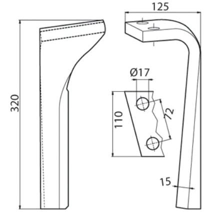 Power Harrow Blade 110x15x320mm LH. Hole centres: 72mm. Hole⌀ 17mm. Replacement forLemken.
 - S.59763 - Farming Parts