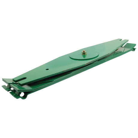 A green metal leaf spring by Kverneland, compatible with KK060703 and Sparex part S.59766, is designed for reliable performance with a central mounting hole and cutting edges on both sides.