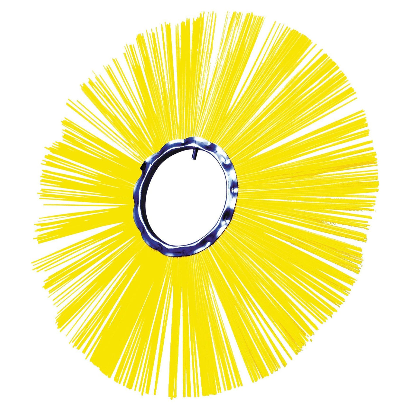 A circular yellow brush section with a metal center and radiating bristles, compatible with Universal Tractors, is shown against a white background. This brush is identified as the Sparex Brush Section - 508mm x 127mm Flat, made of poly material (Sparex Part No. S.59770).