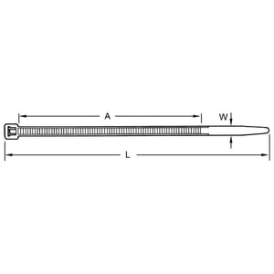 Line drawing of a Sparex Cable Tie - Non Releasable 200mm x 4.8mm (Sparex Part No.S.5977), with measurements labeled "A" and "W" for the width and length of the toothed strap and head components, along with overall length labeled "L".