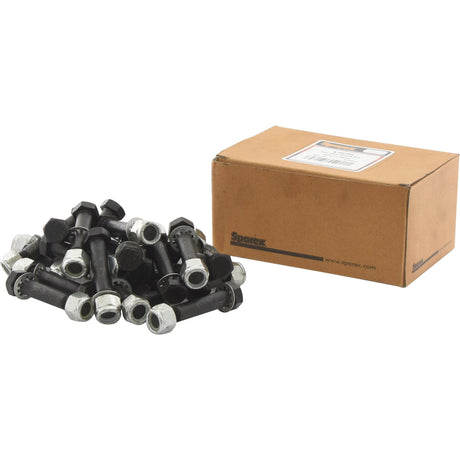 A stack of Sparex Hexagonal Head Bolts with silver nuts, each M12 x 76mm and boasting a tensile strength of 8.8, sits next to a brown cardboard box labeled "Sparex" (Part No. S.59798).